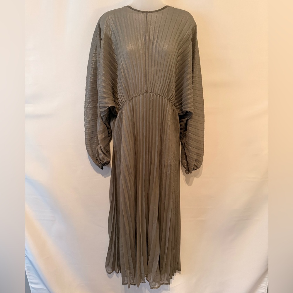 Anthropologie Sheer Grey Pleated Maxi Dress with Balloon Sleeves